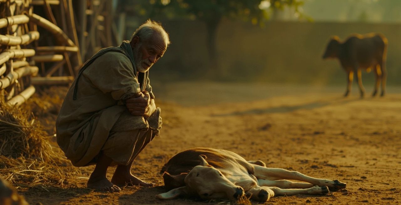 An elderly farmer sitting beside his cow that has died